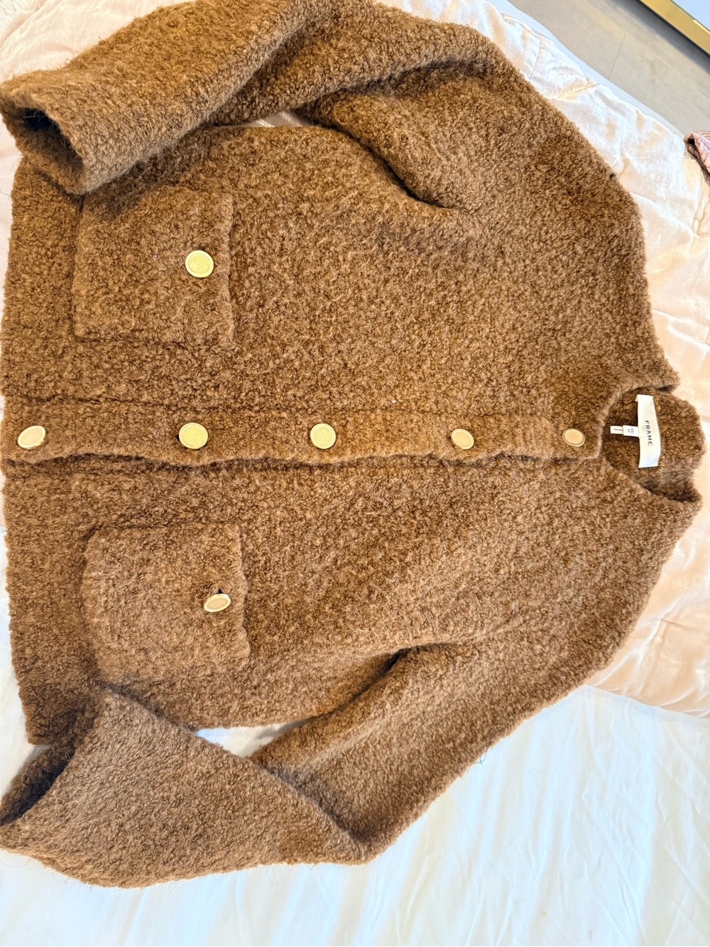 Frame Denim Chestnut Teddy Button-Front Jacket with Gold Buttons